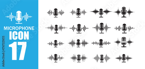 17 Microphone Icon. Microphone Icon Set with Sound Wave Elements