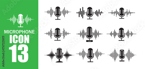 Microphone Icon Set with Sound Waves.  Audio Recording and Podcast Symbols on White Background