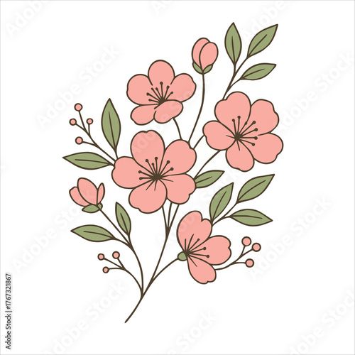 Pink Floral Branch Vector – Minimal Pastel Flower Illustration