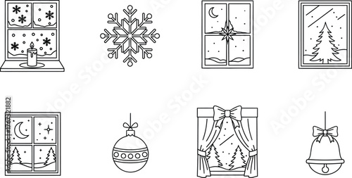 Hand-drawn Christmas and winter holiday icon set with snowflakes, gifts, and decorations