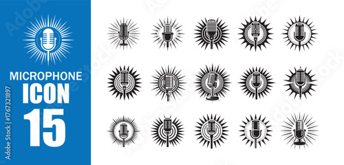 Microphone Icon Set with Sunburst Rays.  Retro Music and Podcast Symbol Collection