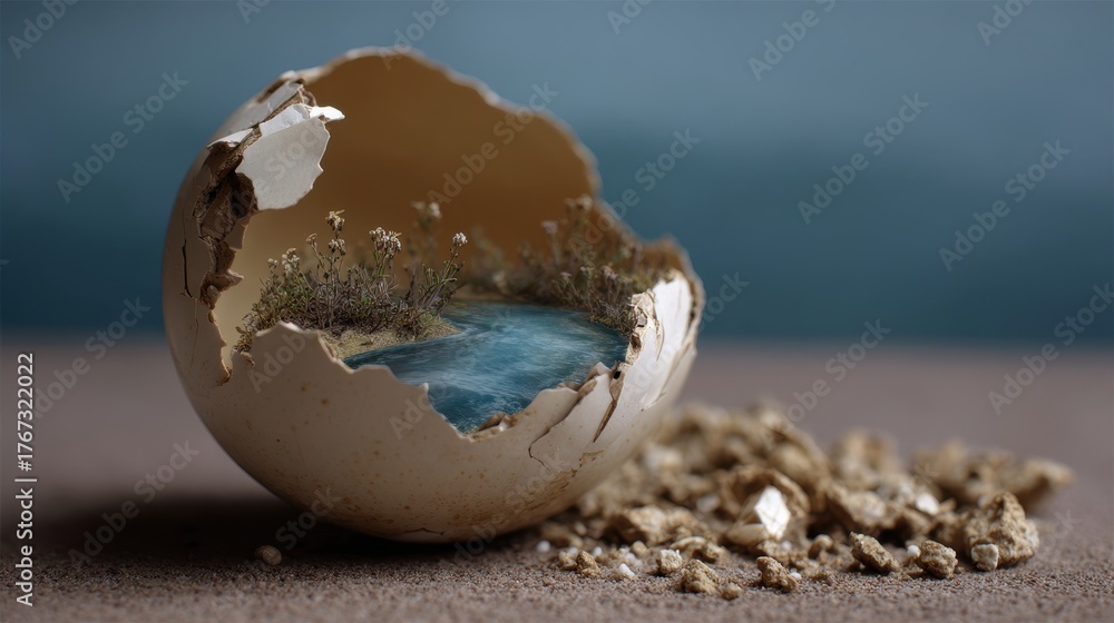 Obraz premium A cracked eggshell reveals a serene landscape with a river and greenery inside, symbolizing new beginnings and nature's beauty.