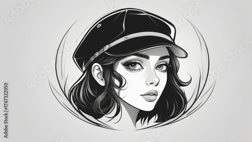 Portrait of a young woman's face: a stylish illustration of beauty and glamour with a fashionable hat, bold lips, and sensuality