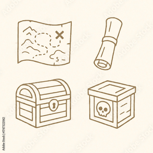 冒険の地図と宝箱のイラストセット