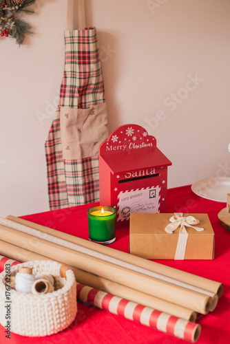 Living room interior. Christmas tree and wreath. New Year celebration. Vacation rentals. Winter holidays and vacations