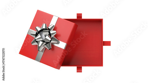 An open red gift box with a silver ribbon bow on a transparent background ready for a surprise inside isolated on transparent background