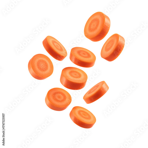 Carrot Slices Floating on Transparent Background Fresh Cut Pieces Isolated on Black