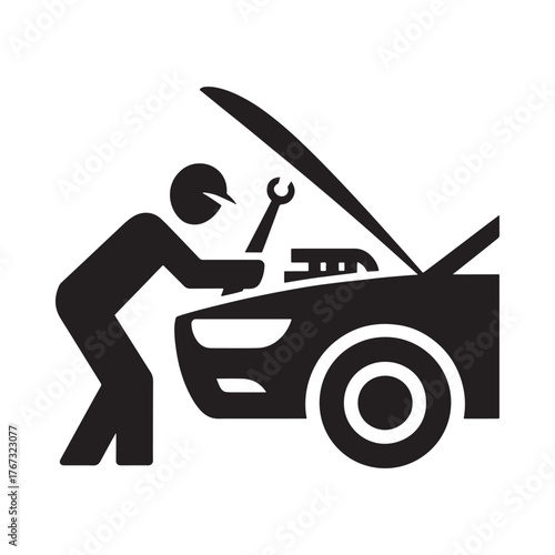 Mechanic working on car engine with hood open and wrench