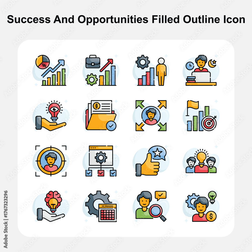 Fototapeta premium Career Growth, Goal Achievement & Business Success Filled Outline Icons Set 1