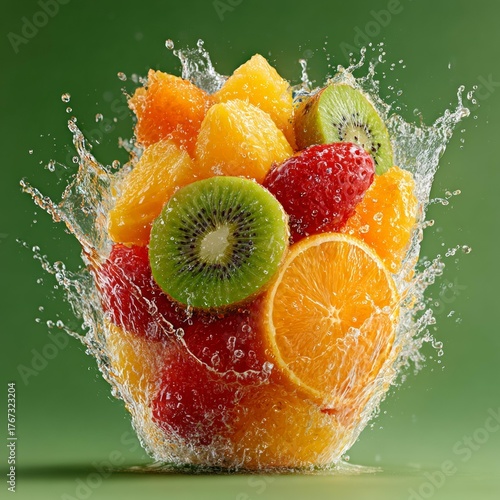 Vibrant burst of refreshing fruits splashing with water, a dynamic explosion of healthy freshness captured in motion