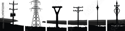 Electric power pole and transmission tower silhouette, high voltage structure landscape, energy distribution network, electricity infrastructure, industrial technology illustration design