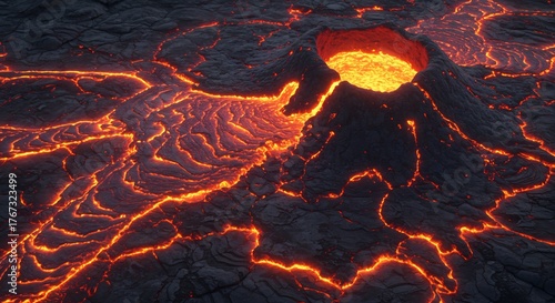 A volcano with molten lava flowing across a cracked ashen landscape The volcanos caldera glows intensely