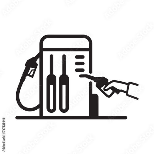 Hand holding fuel nozzle at gas station pump for refueling car