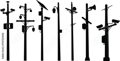 Smart surveillance street poles silhouette, security camera technology, urban monitoring system, modern infrastructure design, communication network safety, city technology illustration
