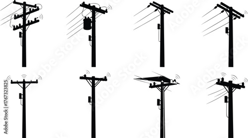 Utility pole silhouettes, electrical infrastructure icons, transformer and antenna designs, urban power grid elements, communication technology, black vector illustration set