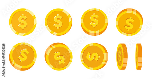 Gold coins isolated on a white background. Flat vector illustration of golden dollar coins in different angles and styles.