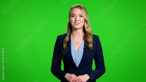 Confident Young Businesswoman in Professional Attire Standing Against Green Screen Background, Ready for Chroma Key Compositing and Virtual Present...