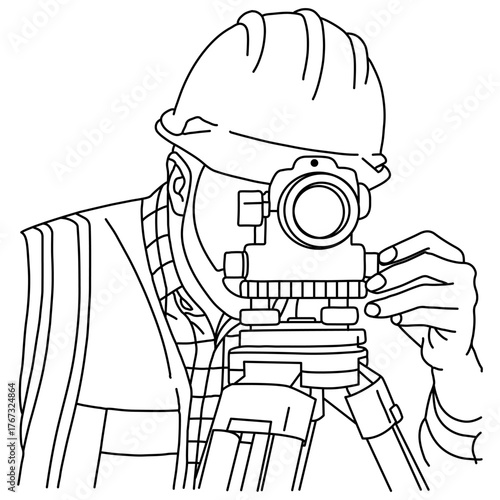 Vector land surveyor line art drawing on white background,Simple style hand drawn portrait of a land surveyor,engineering survey specialist, geodesy work,Editable stroke vector illustration