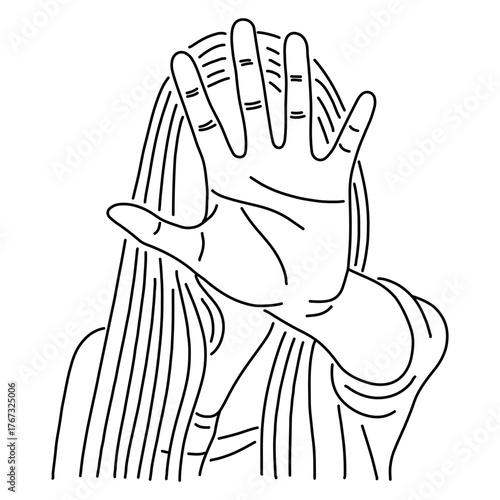 Hand drawn vector line art of woman raises her hand to say enough,Stop violence against women concept, International women's day, International day for the elimination of violence against women