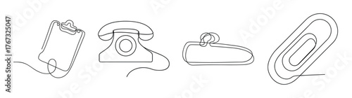 Four vintage office supplies icons footprint telephone stapler and paperclip sketches