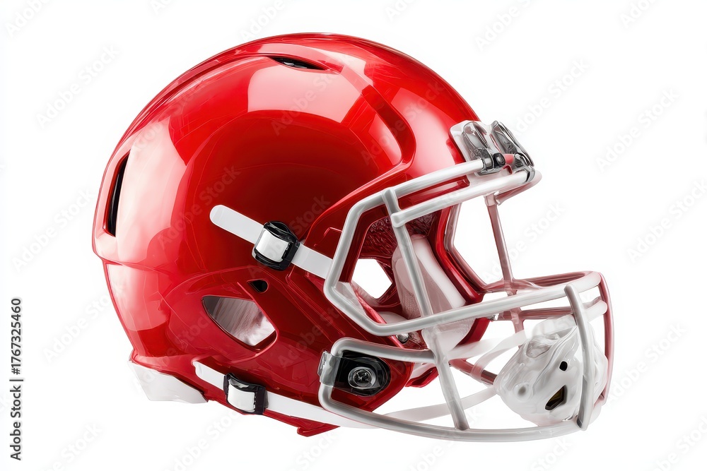 Fototapeta premium Red American football helmet displayed on a clean white background highlighting its shiny surface and detailed features, ideal for sports merchandise or related projects