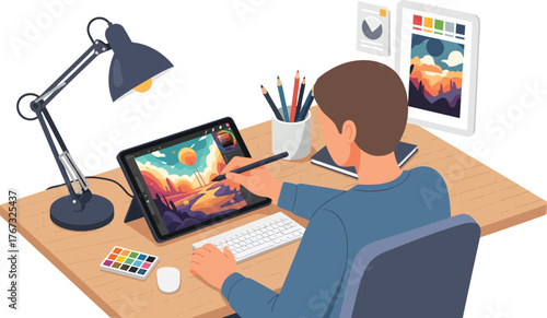 Artist drawing digital art on tablet at desk, creative professional working online