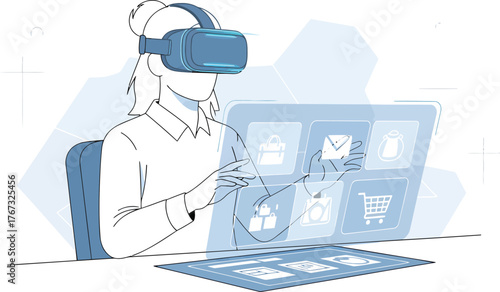 Future of retail, woman using VR headset for online shopping in virtual reality