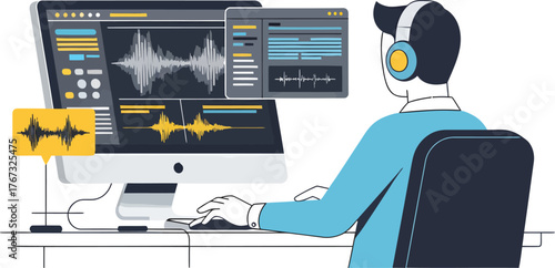 Modern audio engineer edits music with computer and headphones in sound studio