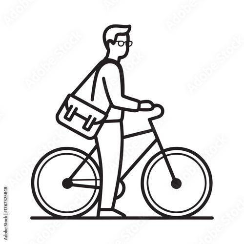 Man with messenger bag standing next to bicycle in simple line art style