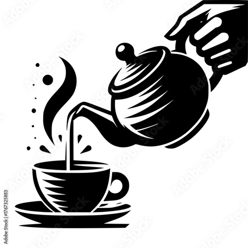 Teapot pouring tea in tea cup black vector icon with transparent background 
