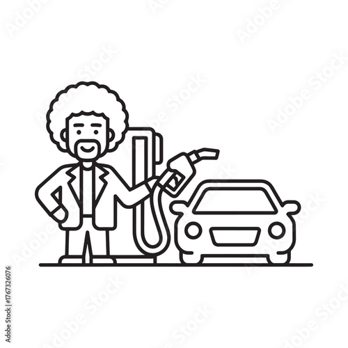 Man with afro refueling a car at a gas station