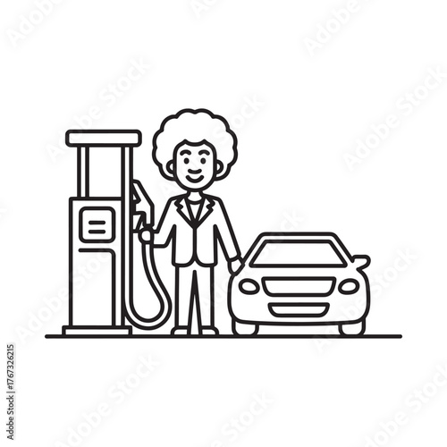 Cartoon man with afro filling up car at gas station