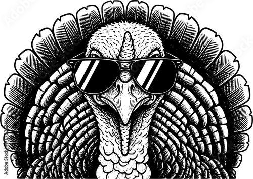 a turkey wearing sunglasses, black and white illustration