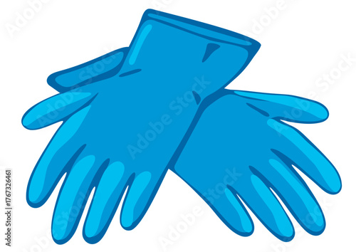Two blue rubber gloves for protection for cleaning. Safety and sanitation design element for cleaning and medical illustration.