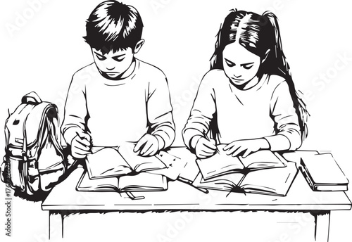 Black and White Children Studying Illustration | Hand Drawn Sketch of Elementary Students and School Homework