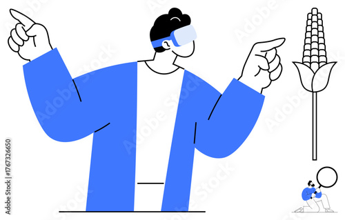 Person wearing AR headset interacts with immersive digital environment, suggesting innovation, technology, and agriculture evolution. Ideal for tech advancements, farming, smart solutions, education