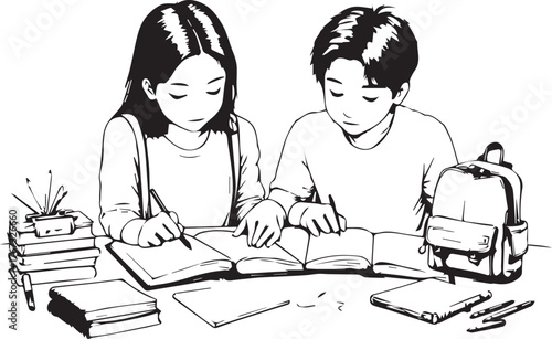 Black and White Cooperative Learning Illustration | Hand Drawn Sketch of Students Doing Homework and Tutoring