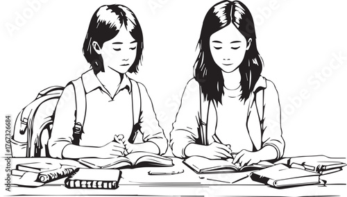 Black and White Female Students Studying Illustration | Hand Drawn Sketch of Girls Writing and Learning Together