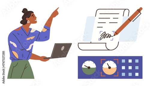 Woman holding laptop, pointing at data, digital report with signature, dashboard indicators, calendar. Ideal for productivity, analytics, technology, teamwork digital workflow remote work