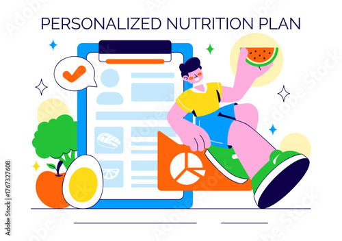 Personalized Nutrition Plan Vector Illustration Featuring Healthy Food, Diet Planning with Meal Planner, and Calorie Control in a Flat Style Background