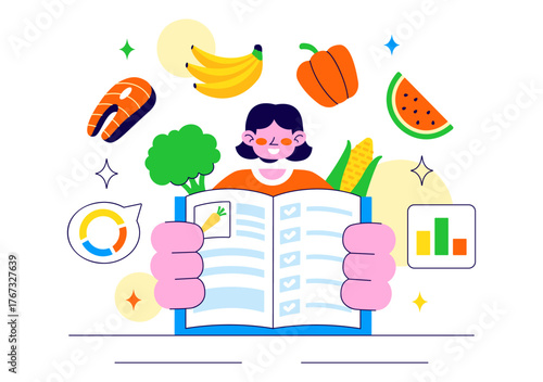 Personalized Nutrition Plan Vector Illustration Featuring Healthy Food, Diet Planning with Meal Planner, and Calorie Control in a Flat Style Background