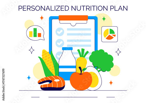 Personalized Nutrition Plan Vector Illustration Featuring Healthy Food, Diet Planning with Meal Planner, and Calorie Control in a Flat Style Background