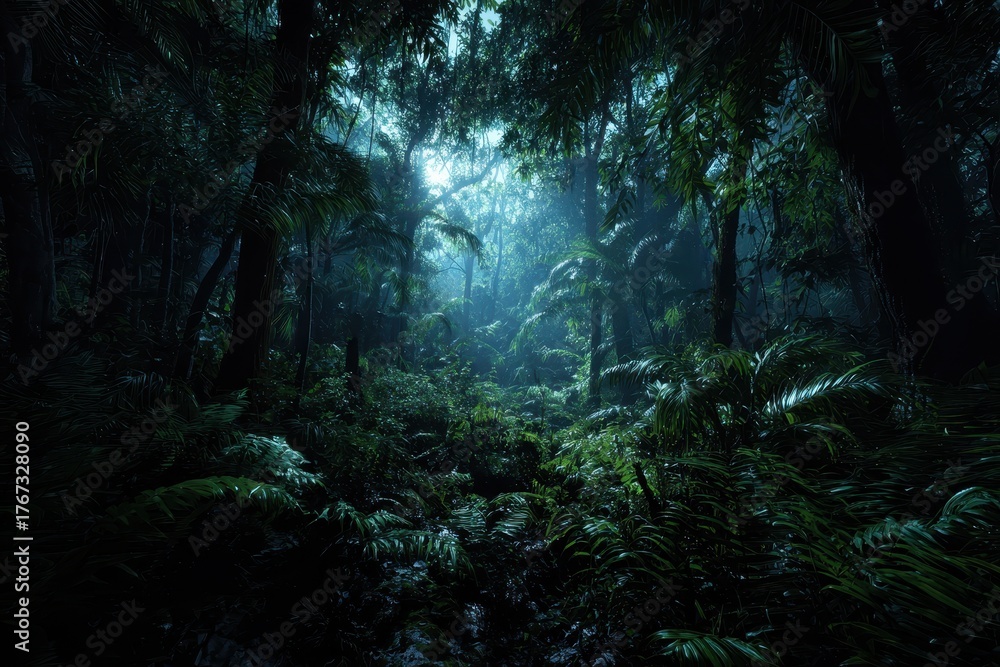 Fototapeta premium Deep tropical forest captures the essence of nature in darkness with vibrant foliage illuminated by faint light peeking through dense canopy