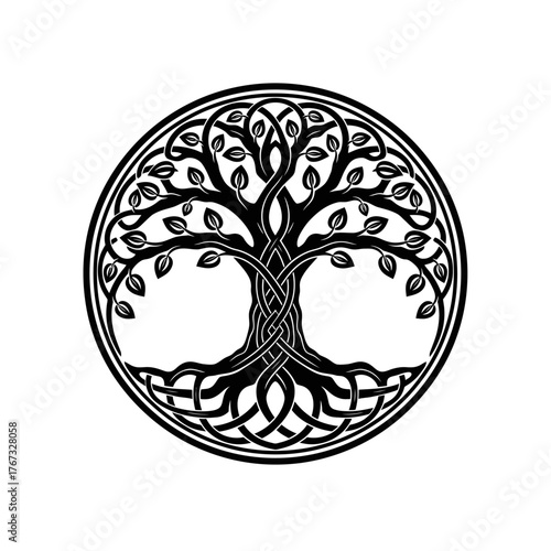 A striking black and white Celtic Tree of Life symbol, featuring intricate knotwork roots and leafy branches interwoven within a circular medallion