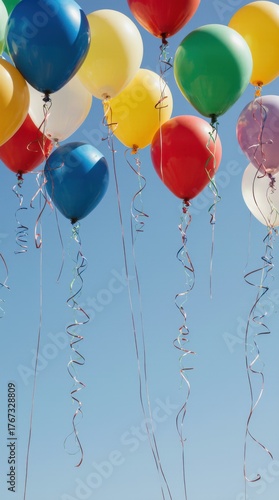 A group of colorful balloons rising into the sky, symbolizing happiness, freedom, and celebration.