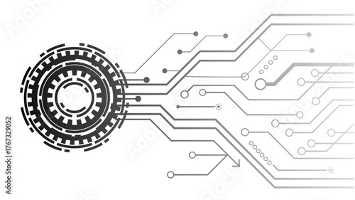 Futuristic circular high-tech element with electronic circuit board pathways extending across a white background.