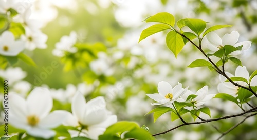 Beautiful white dogwood flowers blooming in the spring sunlight.