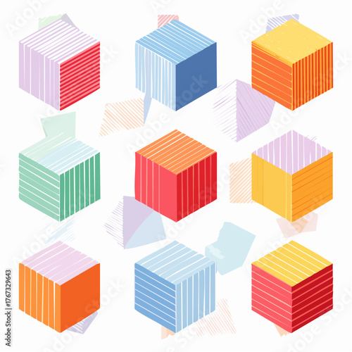 Abstract polygonal backgrounds with stripy triangles and 3D cubes vector designs set.