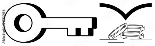 Key beside stacked coins with upward arrow, symbolizing access to financial growth, opportunity, and success. Ideal for finance, investment, savings, strategy, security empowerment simple flat