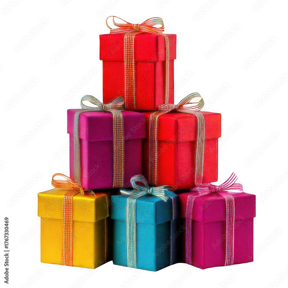 Fototapeta premium Colorful gift boxes stacked isolated on white and transparent background